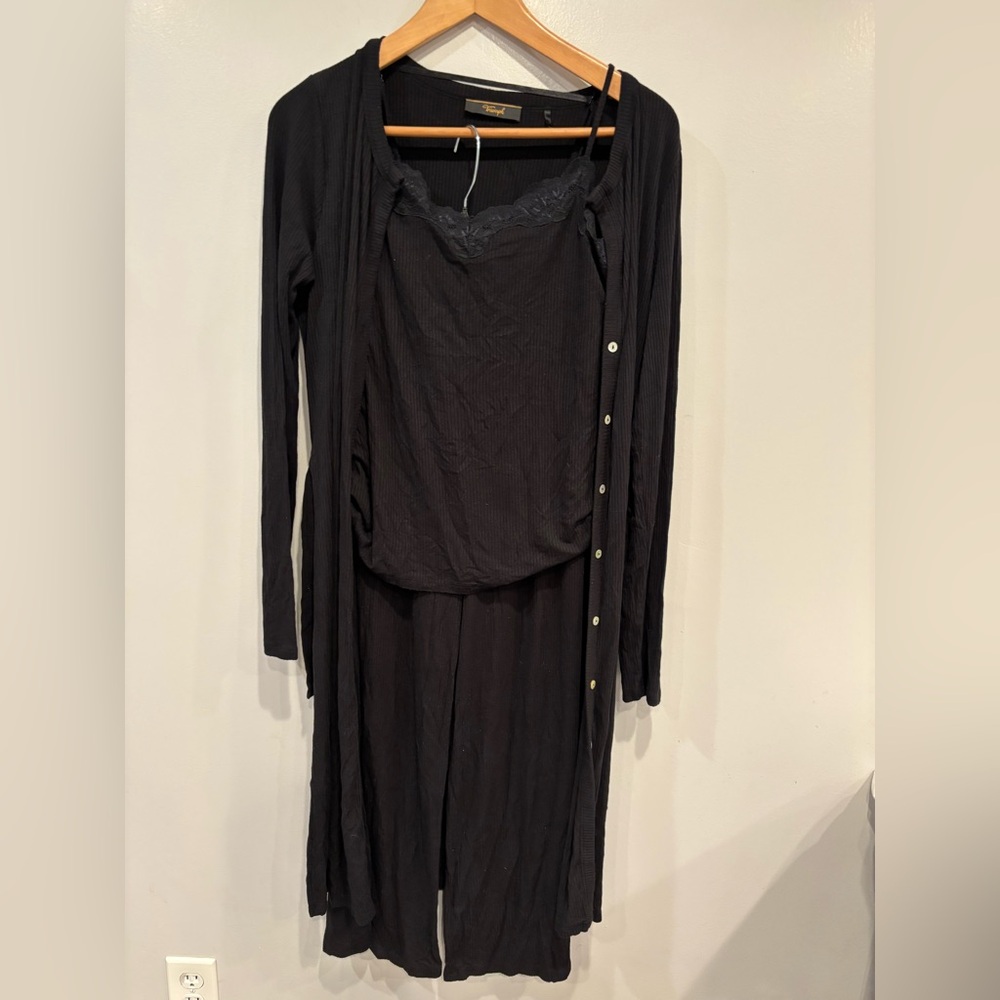 Triumph 3 Piece Black Long Sleeve Robe with Lace-Trim Camisole and pants Pajamas